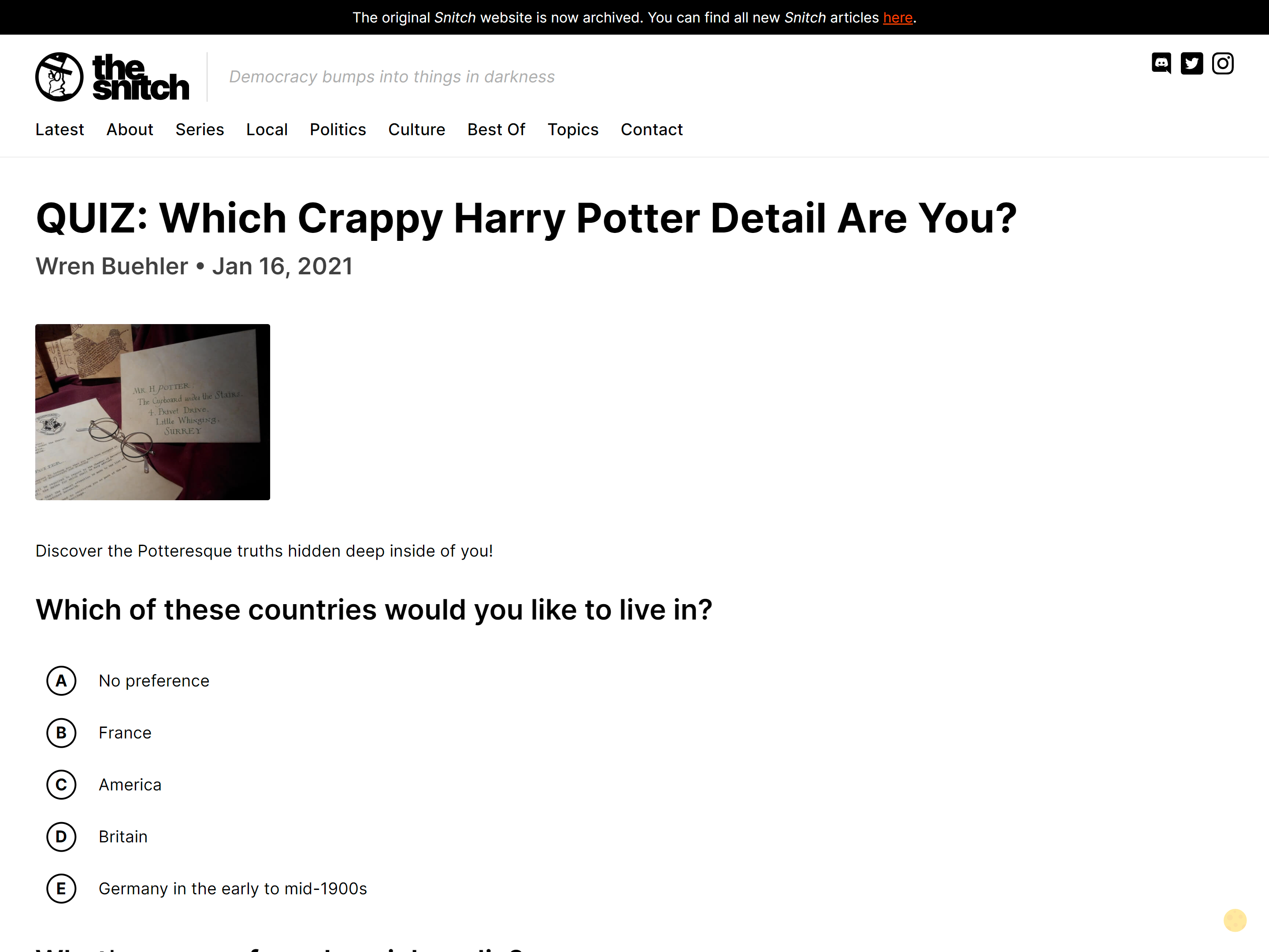 The Snitch quiz page